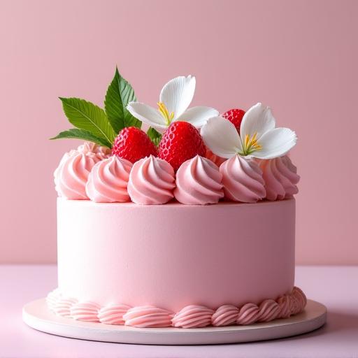 桜の花びらが飾られた淡いピンク色の苺ムースケーキ