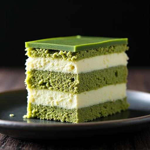美しい層になった緑色の抹茶オペラケーキ