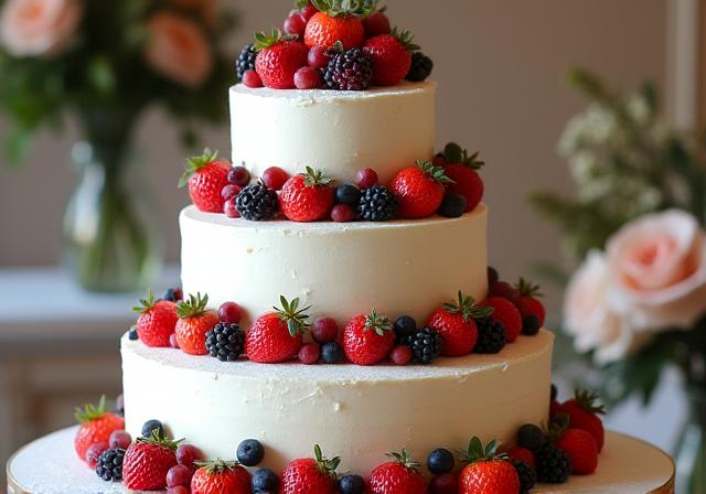 豪華なフルーツで飾られた三段重ねのウェディングケーキ