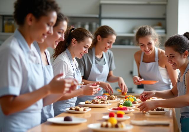 参加者たちがパティシエの指導の下で楽しそうにお菓子作りをしている様子